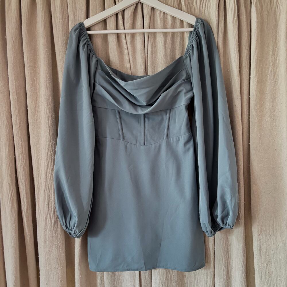 Princess Polly Slate Blue Mini Dress Cowl Neck Puff Sleeve Corset US 4